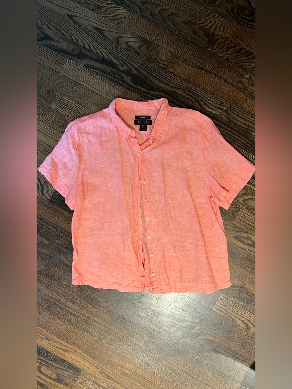 Tahari Coral Button-Front Linen Short Sleeve Shirt